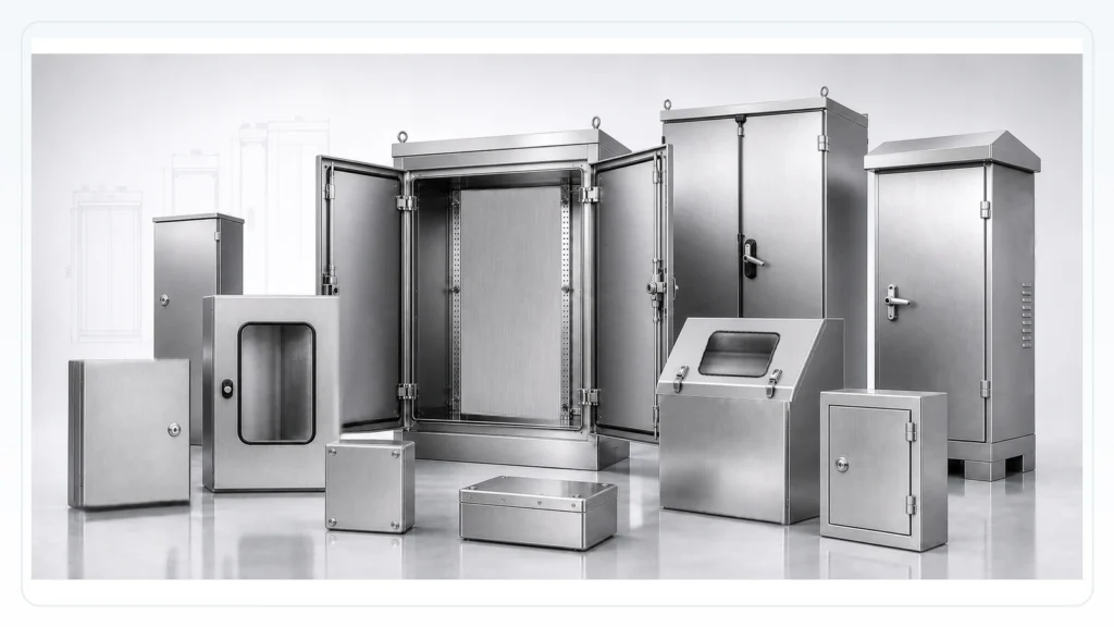 Wall-mounted, floor-standing, junction box, outdoor, and custom electrical enclosure examples