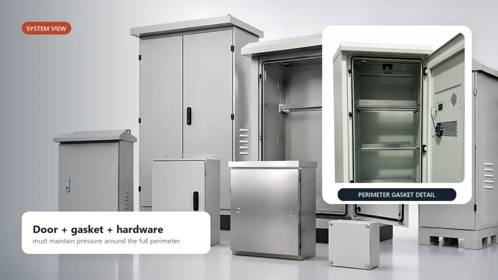 Open outdoor electrical enclosures with a close-up of the perimeter foam gasket and door hardware