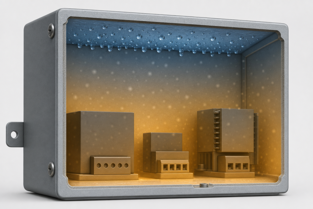 Cutaway illustration showing warm humid air and condensation forming on a cold inner roof below the dew point