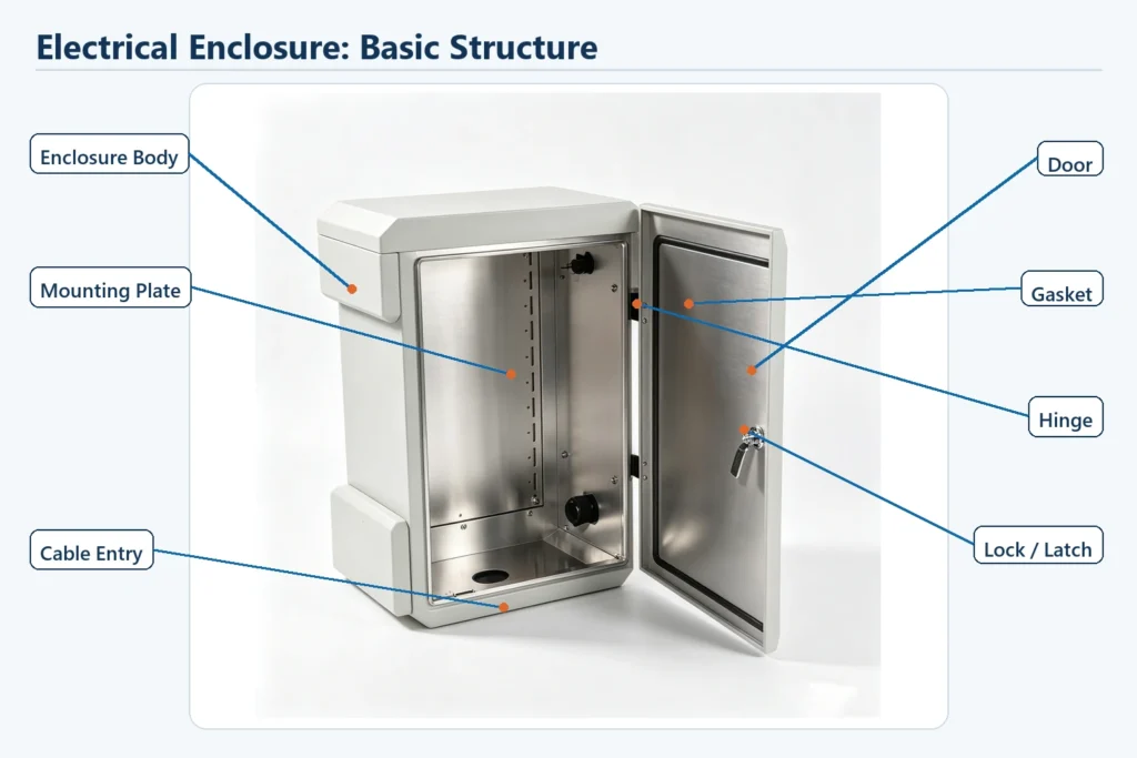 Electrical enclosure body, door, gasket, hinge, lock, mounting plate, and cable entry