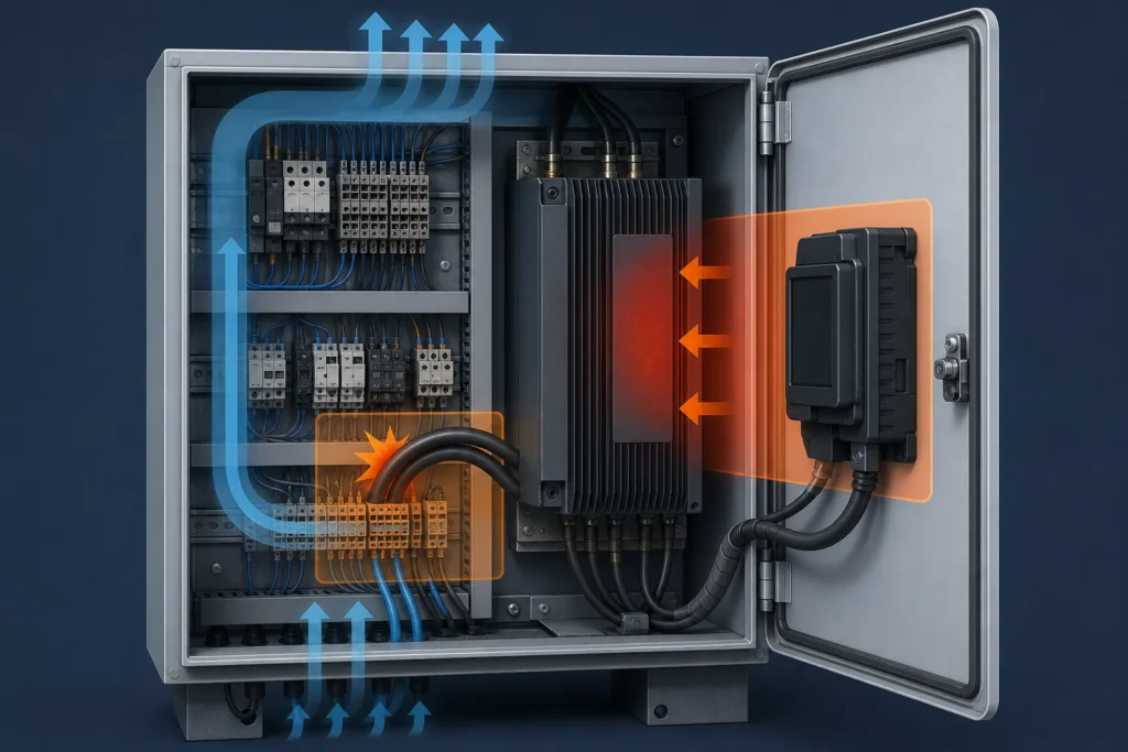 Electrical enclosure showing cable-bend, door-projection, airflow, and heat constraints interfering with one another.