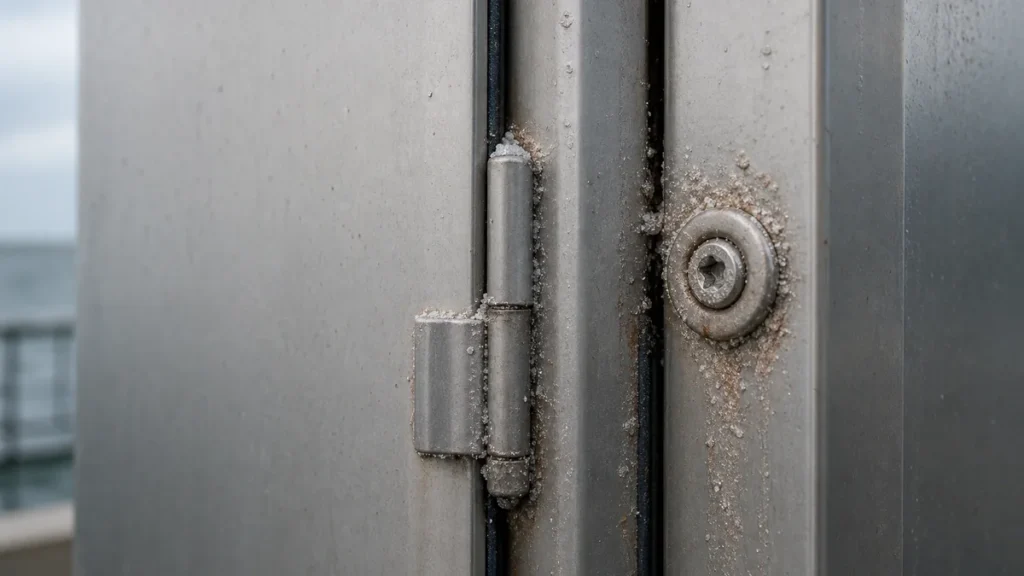 Salt deposits and early corrosion concentrated around a stainless enclosure hinge, fastener, and door crevice