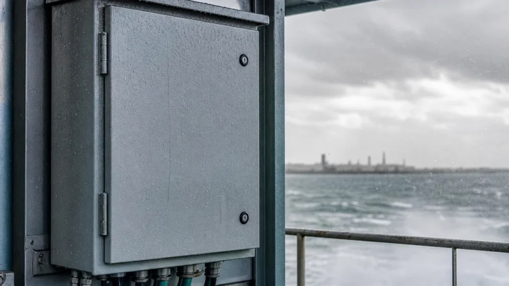 Outdoor electrical enclosure exposed to coastal wind, salt mist, rain, and sheltered deposit zones