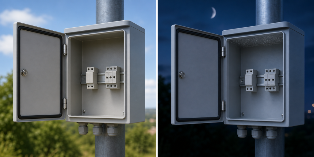 Day and night comparison showing outward warm-air movement, inward cooling-air movement and roof condensation in an outdoor enclosure
