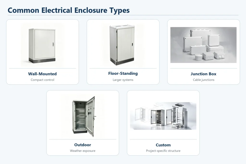 Comparison of wall-mounted, floor-standing, junction box, outdoor, and custom electrical enclosures