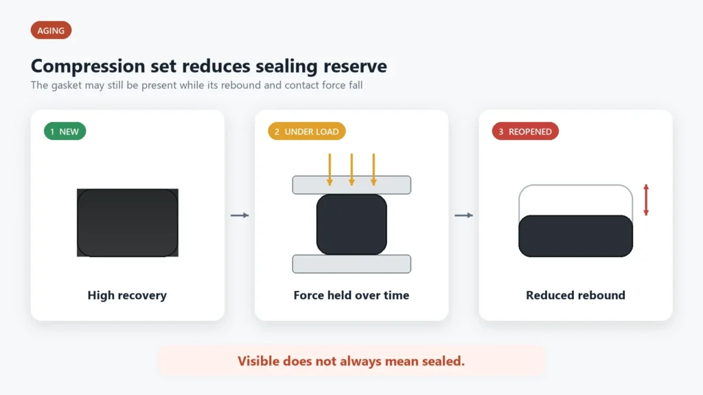 Three-stage diagram showing foam gasket compression set and reduced rebound after long-term loading