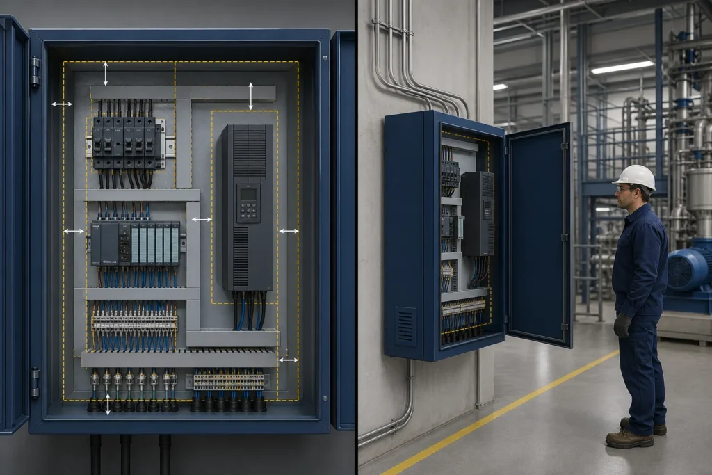 Split view comparing internal electrical enclosure spacing with the external working space used by a technician.