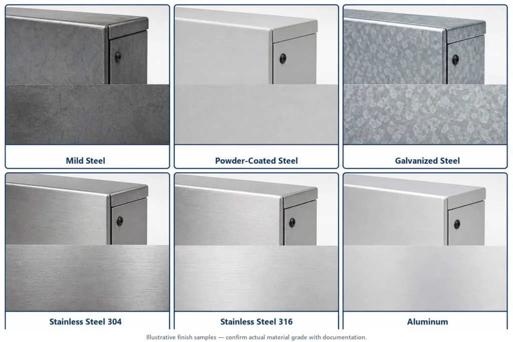 Illustrative comparison of mild steel, powder-coated steel, galvanized steel, stainless steel, and aluminum enclosure finishes
