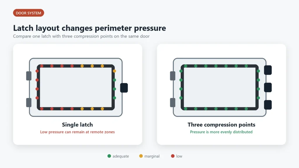 Diagram comparing uneven single-latch pressure with more uniform three-point compression around an enclosure gasket