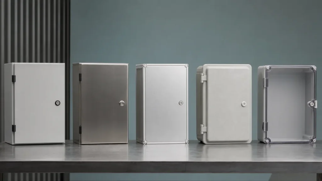 Studio comparison of powder-coated steel, stainless steel, aluminum, fiberglass, and polycarbonate electrical enclosures