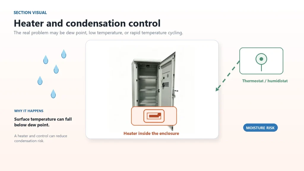 Electrical enclosure heater and humidity control for condensation risk