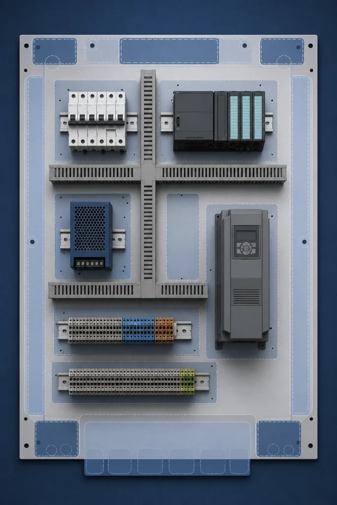 Top-down electrical enclosure mounting plate layout with organized components, wiring ducts, edge zones, and reserved areas.