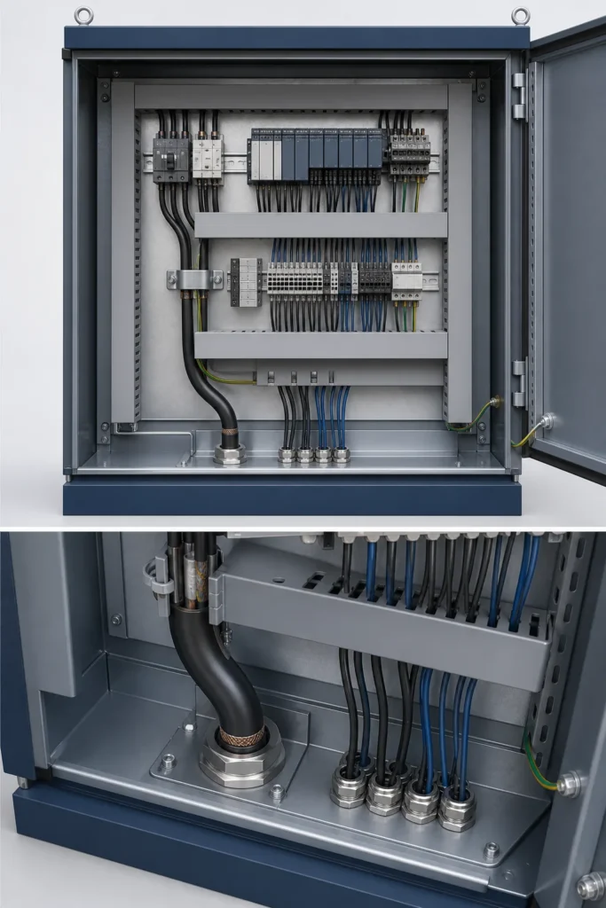 Cutaway electrical enclosure cable entry showing glands, a smooth large-cable bend, wire duct, and accessible terminals.