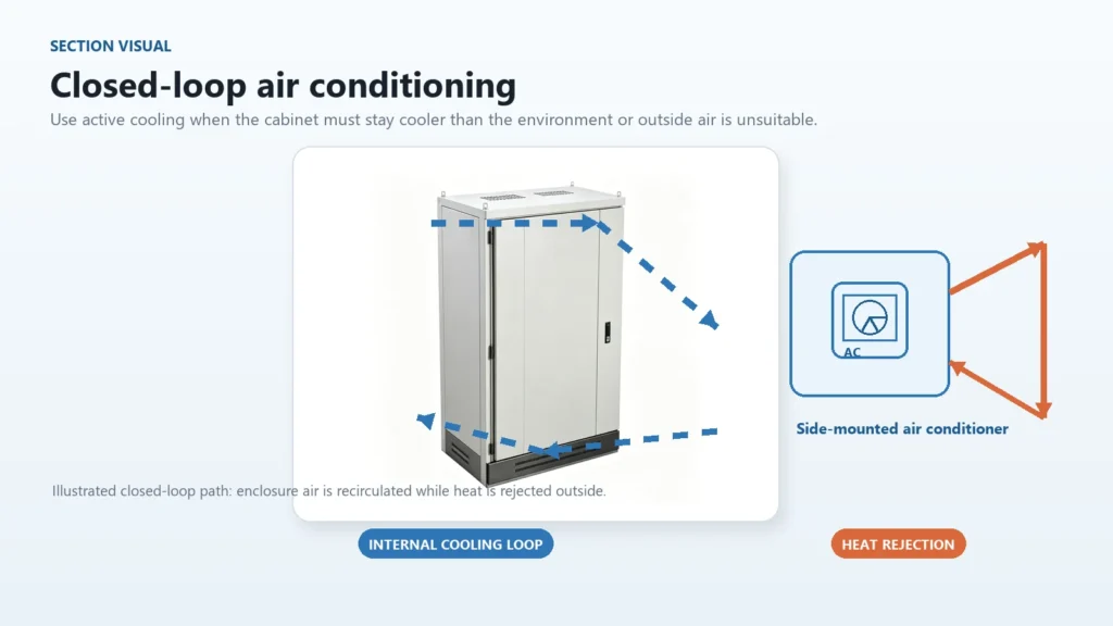 Conceptual closed-loop air conditioner airflow around an electrical enclosure