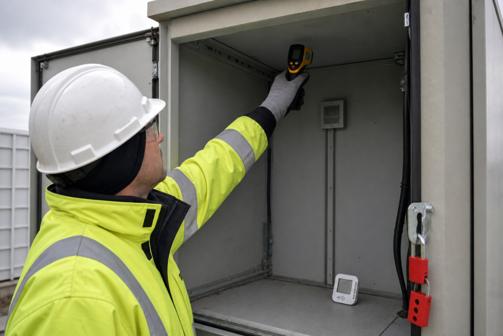 Technician using an infrared thermometer and humidity sensor to document condensation inside a de-energized outdoor enclosure