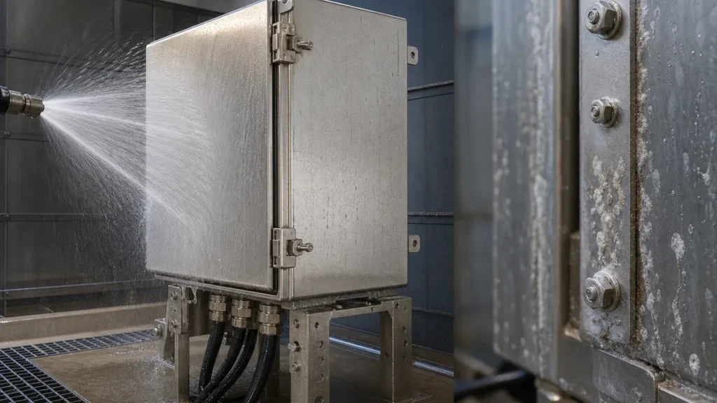 Sealed stainless electrical enclosure under a controlled water jet with salt deposits around hardware