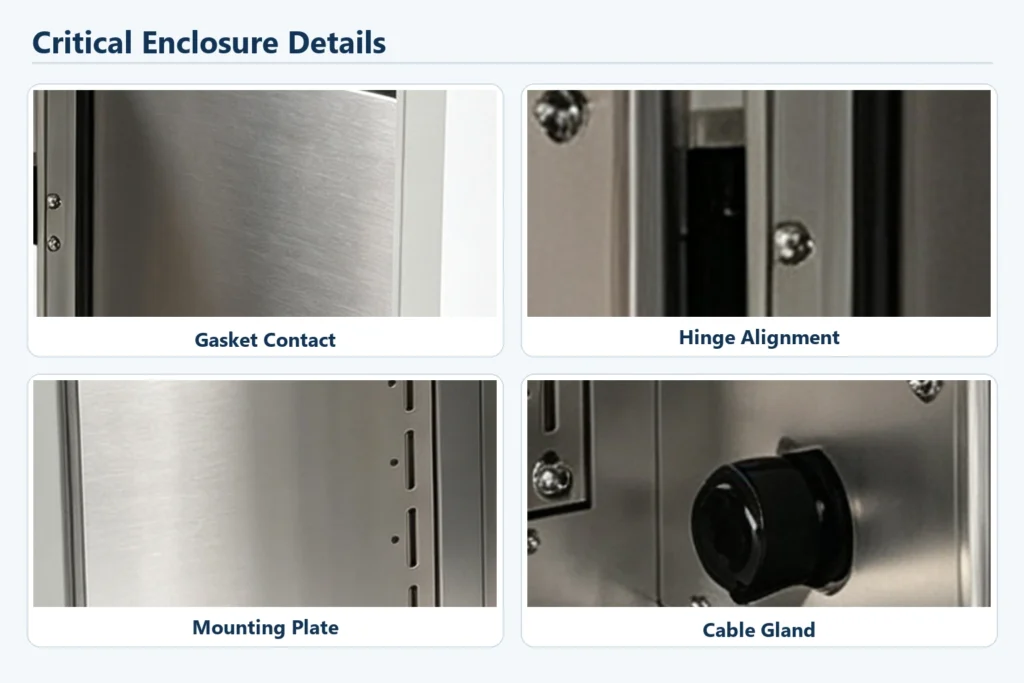 Electrical enclosure gasket contact, hinge alignment, mounting plate, and cable gland details
