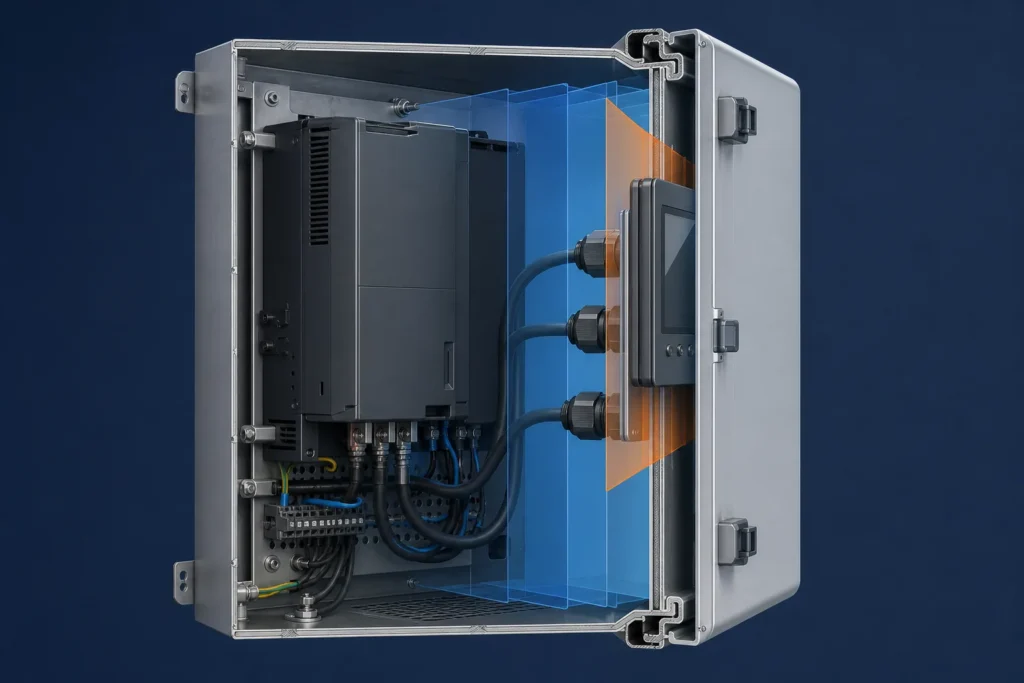 Side cutaway of an electrical enclosure showing mounting offset, deep components, connector and cable depth, gasket, and door projection.