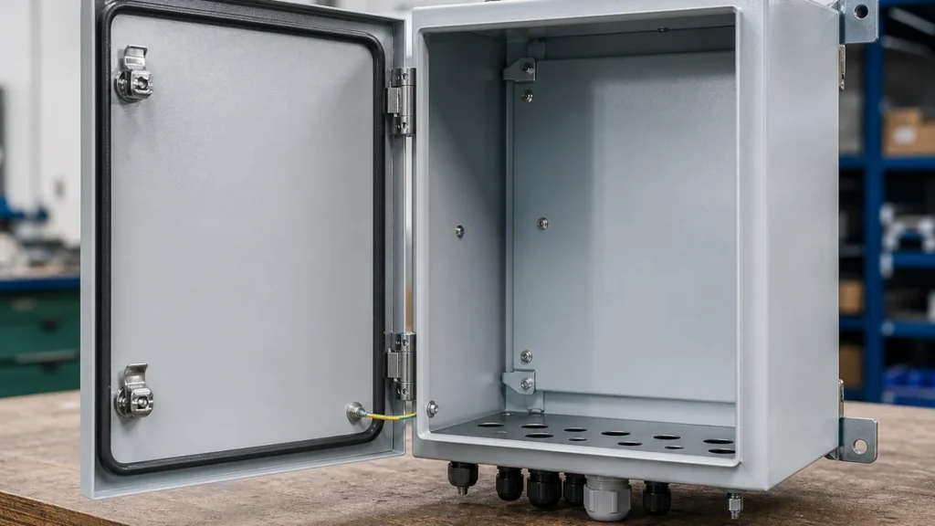 Open industrial electrical enclosure showing gasket, hinges, latches, grounding strap, fasteners, glands, and gland plate