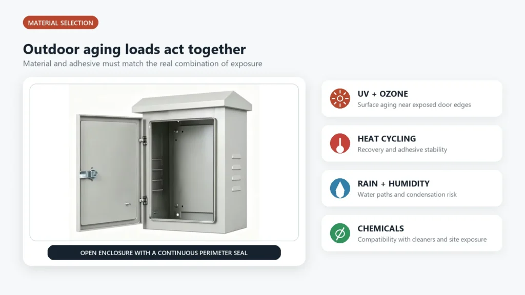 Outdoor electrical enclosure with UV, heat, rain, humidity, and chemical exposure factors listed beside it