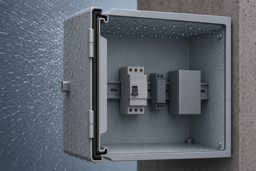 Section view showing external spray blocked by the gasket while humid internal air condenses on the cold roof