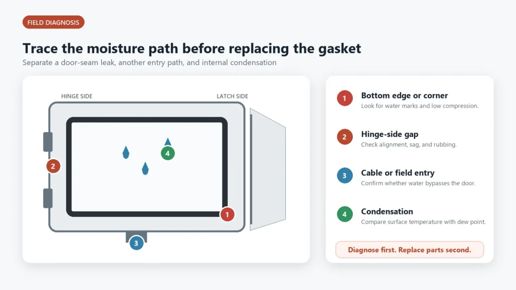 Electrical enclosure diagram marking bottom-edge, hinge-side, cable-entry, and condensation diagnosis points