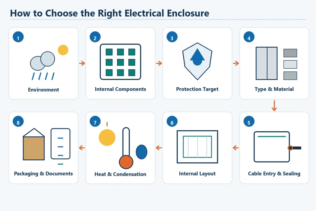 Eight-step workflow for choosing an electrical enclosure by environment, components, sealing, layout, heat, and packaging