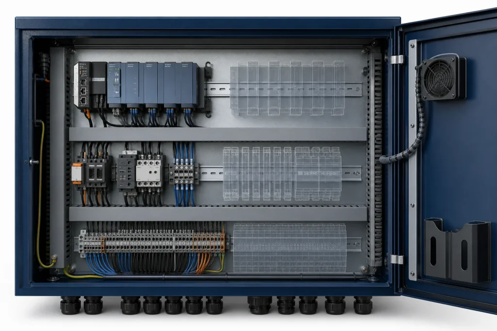 Electrical control enclosure with reserved DIN rail, terminal, wiring, cable-entry, and ghosted future-component zones.