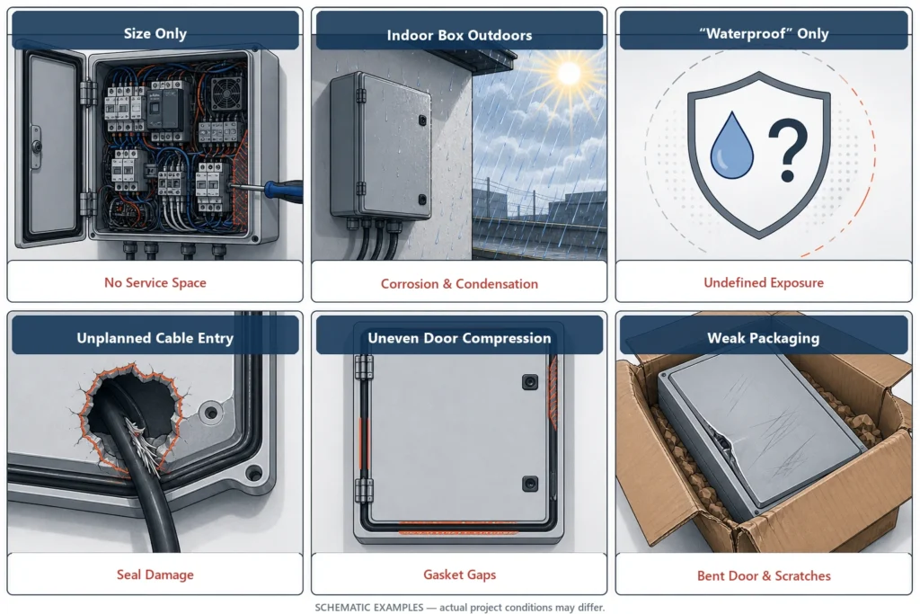 Common electrical enclosure selection mistakes involving size, outdoor use, cable entry, sealing, and packaging