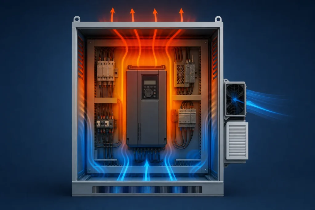 Thermal visualization of an electrical enclosure with a hot drive, cool-air intake, rising warm air, and cooling equipment.