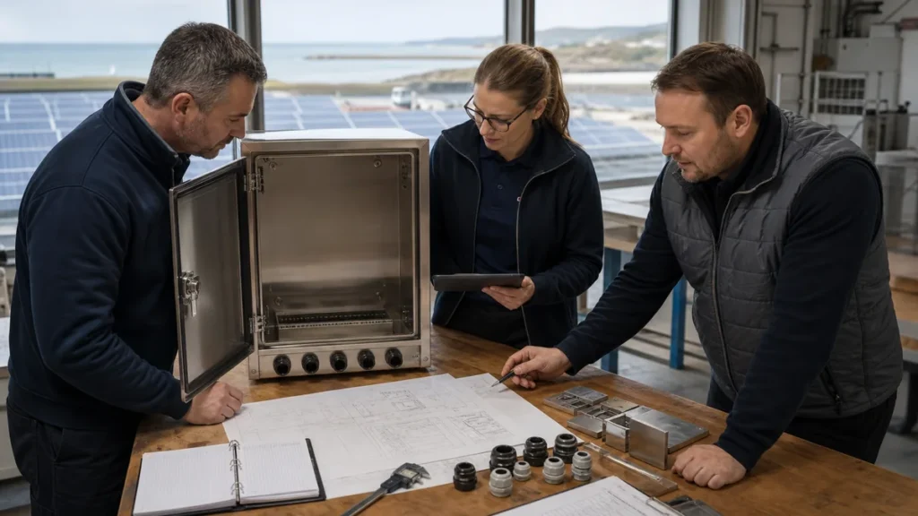 Engineering and procurement team reviewing a coastal solar control enclosure, drawings, cable glands, and material samples