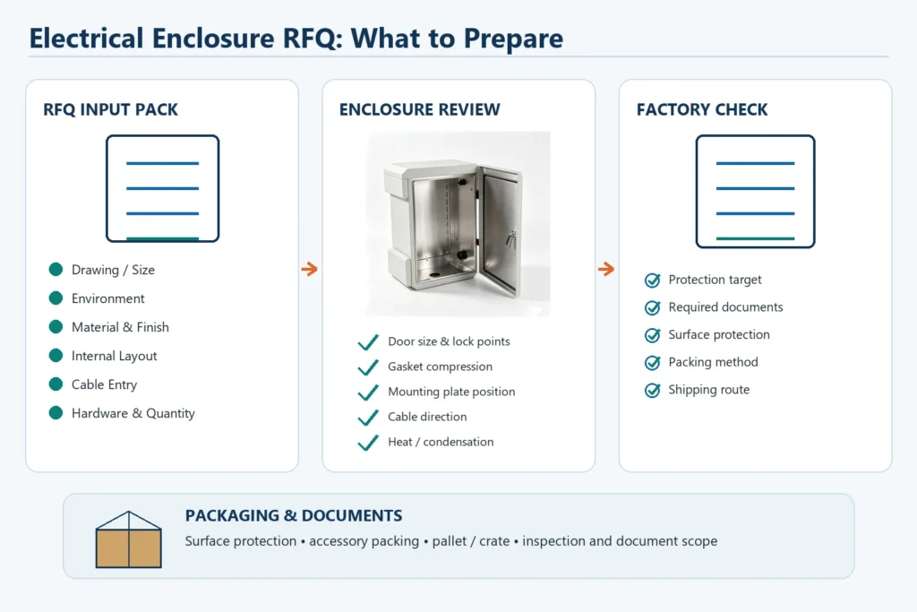 Electrical enclosure RFQ checklist covering drawings, environment, material, cable entry, quantity, documents, and packaging