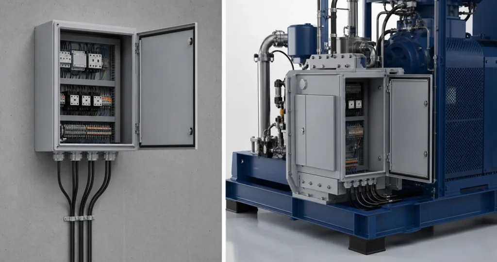 Side-by-side comparison of a standard wall-mounted electrical enclosure and a custom enclosure fitted to a machine skid.
