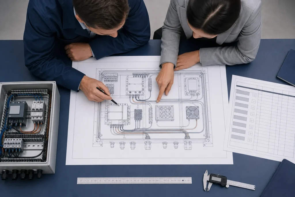 Buyer and electrical engineer reviewing an enclosure layout, component schedule, ruler, caliper, and enclosure sample for an RFQ.