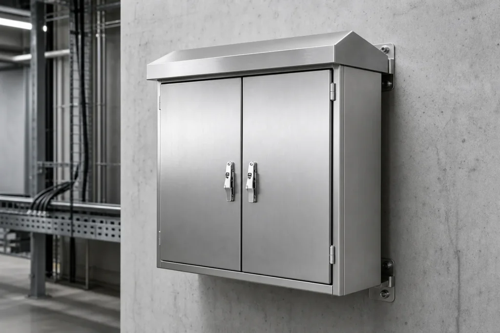Brushed stainless steel electrical enclosure installed in a dry controlled indoor industrial room