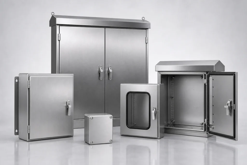 A coordinated family of brushed stainless steel electrical enclosures with different sizes and door configurations