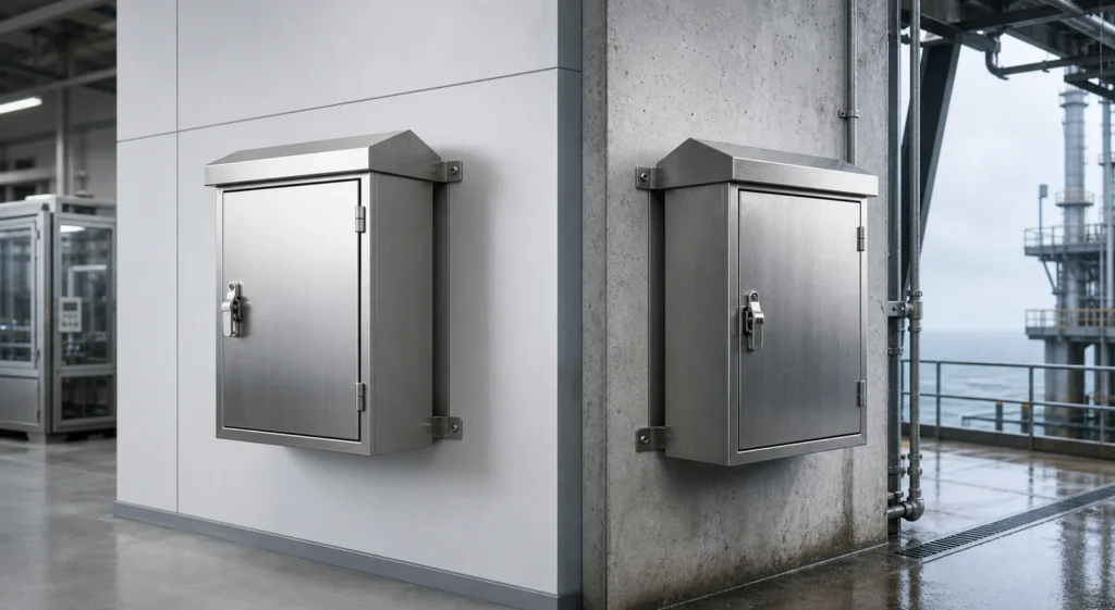 Brushed stainless steel electrical enclosures shown in a controlled industrial setting and a coastal washdown environment