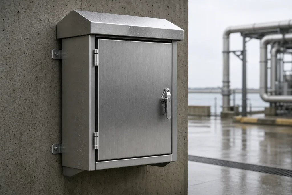 Stainless steel electrical enclosure in a coastal industrial washdown environment with wet surfaces
