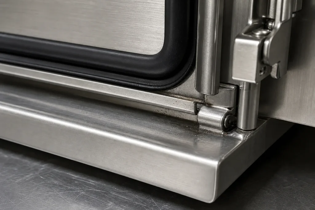 Close-up of a stainless enclosure gasket corner where moisture and chloride deposits can remain