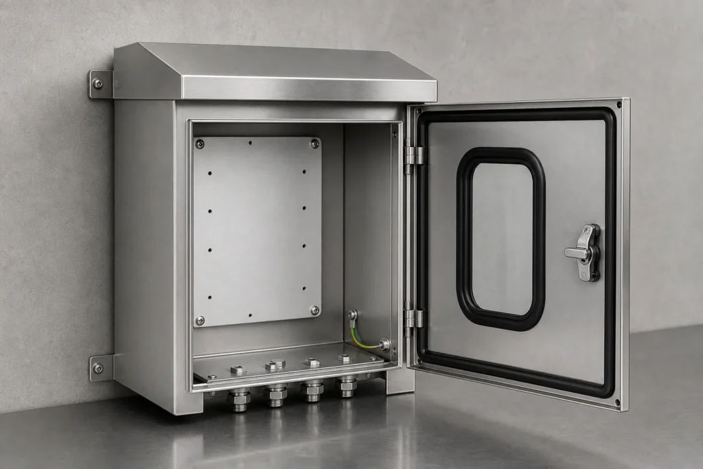 Open stainless electrical enclosure showing gasket, hinges, latch, mounting plate, and cable entry interfaces