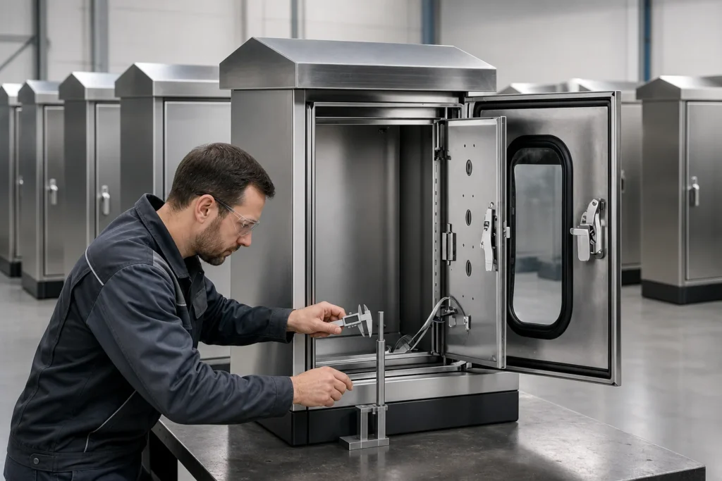 Batch of matching stainless control enclosures in a factory with one first article open for inspection