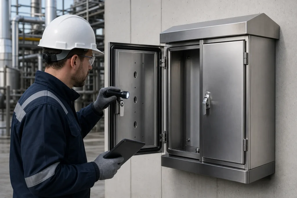 Engineer reviewing the gasket edge, hinges, gland plate, and drainage details of a stainless electrical enclosure