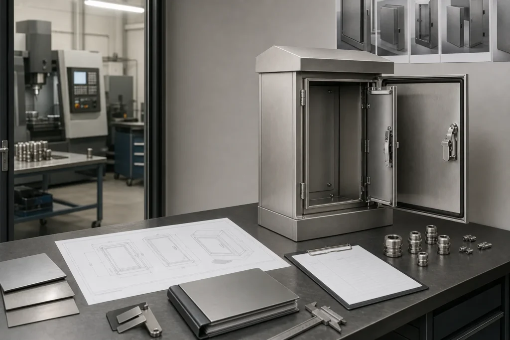Engineer comparing a stainless enclosure drawing, material details, and physical cabinet during a quotation review