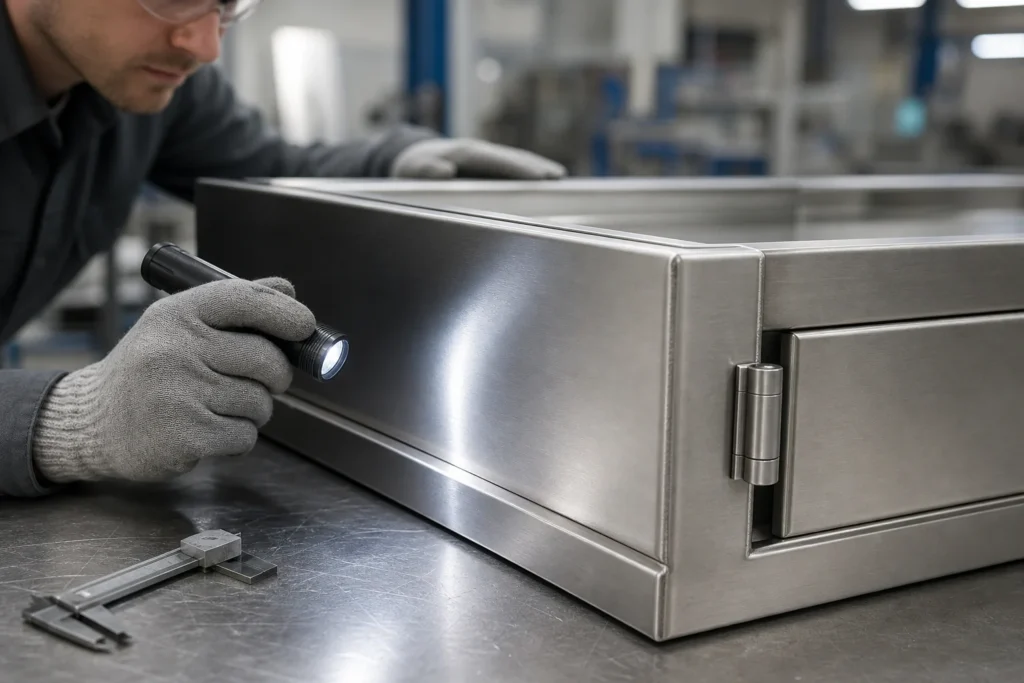 Technician inspecting a cleaned stainless enclosure weld and brushed surface at a fabrication workstation