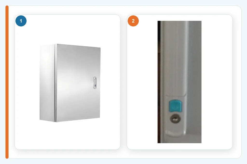 Separate FN references for a stainless steel enclosure and a B-type three-point latch handle