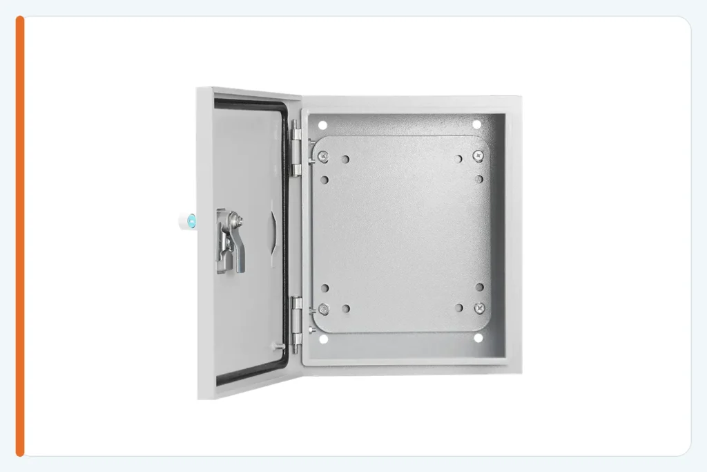 Open FN steel enclosure showing a continuous gasket, concealed hinges, and an internal quarter-turn cam
