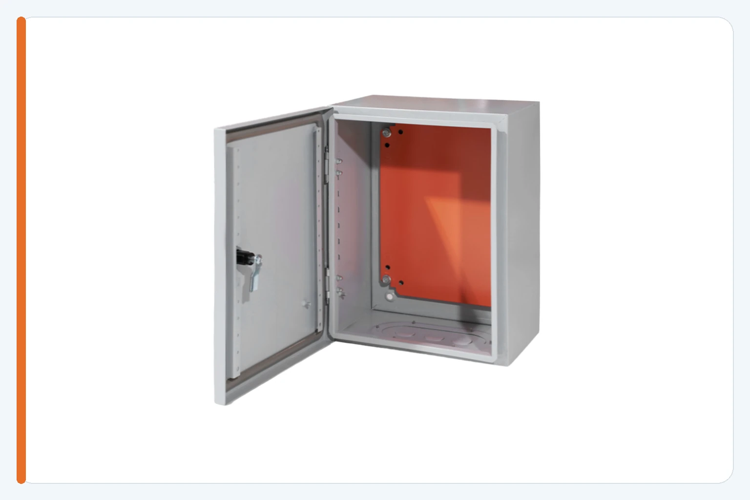 Open FN steel enclosure with a mounting plate and factory-formed bottom cable-entry knockouts