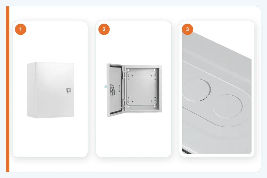 Three FN inspection references showing the enclosure exterior, door seal, and cable-entry preparation