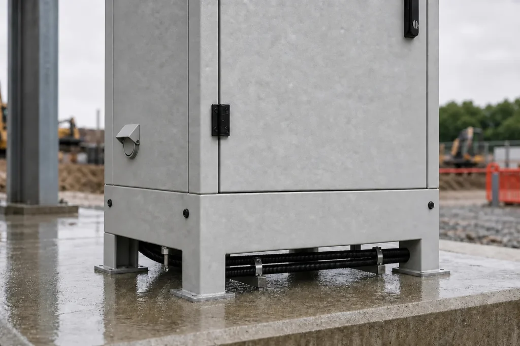 Fixed downward breather drain, protected pressure-equalization vent, and supported conduits beneath an outdoor cabinet after rain