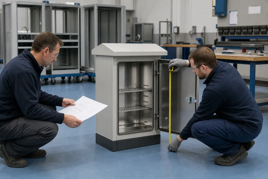 Engineers reviewing drawings and cabinet details beside an electrical enclosure assembly in the factory